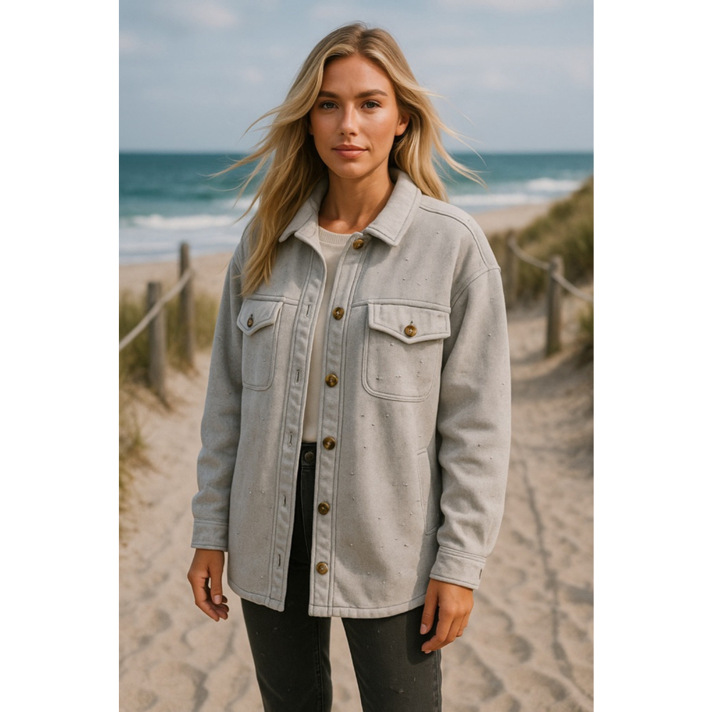 Aerie M Distressed Gray Shacket Oversized Button Front Soft Cotton Lumberjane